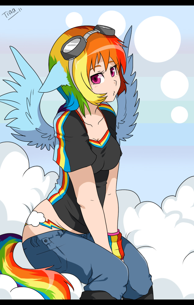 1girl black_shirt denim goggles goggles_on_head jeans multicolored_hair my_little_pony my_little_pony_friendship_is_magic personification pink_eyes rainbow_dash rainbow_hair solo tail tattoo wings