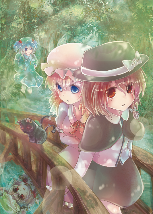 4girls animal_ears backpack bag blonde_hair blue_eyes blue_hair bow bridge brown_eyes brown_hair capelet cat cat_ears chen chen_(cat) different_reflection dress dual_persona earrings forest hair_bobbles hair_bow hair_ornament hands_on_hips hat jewelry kawashiro_nitori key kokonoha_mikage long_hair maribel_hearn multiple_girls multiple_tails nature reflection ribbon river short_hair skirt tail touhou twintails usami_renko water
