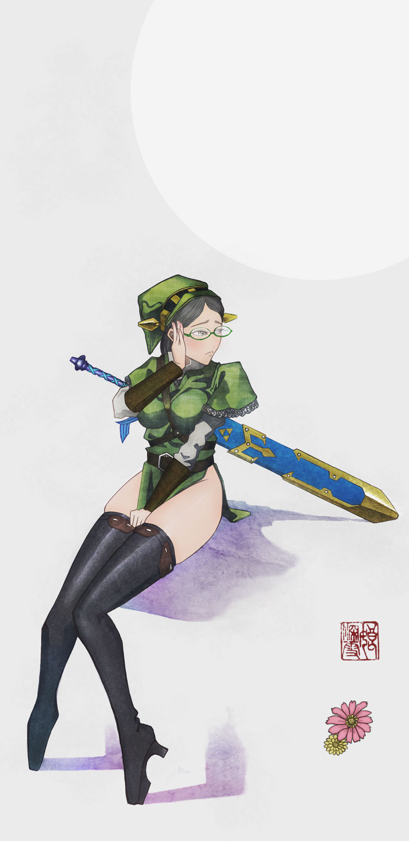 1girl black_hair boots breasts cosplay crossdressinging glasses green-framed_glasses hat headgear highres kantai_collection kirishima_(kantai_collection) link link_(cosplay) musumemiyuki semi-rimless_glasses sheath sheathed short_hair sitting skirt skirt_tug solo strap_cleavage sword the_legend_of_zelda thigh-highs thigh_boots triforce tunic under-rim_glasses weapon