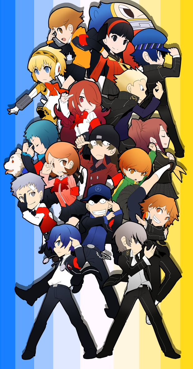 aegis amada_ken amagi_yukiko android aragaki_shinjirou arisato_minato baseball_cap beanie bike_shorts black_eyes black_hair blonde_hair blue_eyes blue_hair brown_eyes brown_hair closed_eyes dog grey_hair hair_over_one_eye hairband hanamura_yousuke hat headphones iori_junpei kirijou_mitsuru koromaru kujikawa_rise kuma_(persona_4) nanaya_(daaijianglin) narukami_yuu open_clothes open_jacket persona persona_3 persona_4 persona_q red_eyes redhead sanada_akihiko satonaka_chie school_uniform shirogane_naoto skirt takeba_yukari tatsumi_kanji twintails yamagishi_fuuka yuuki_makoto