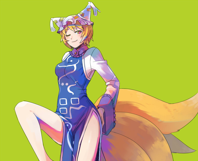 1girl bare_legs blonde_hair fox_tail frills green_background grimay hands_on_ass hat leg_up long_sleeves multiple_tails orange_hair short_hair side_slit simple_background smile solo standing_on_one_leg tail tight_dress touhou turtleneck wide_sleeves yakumo_ran