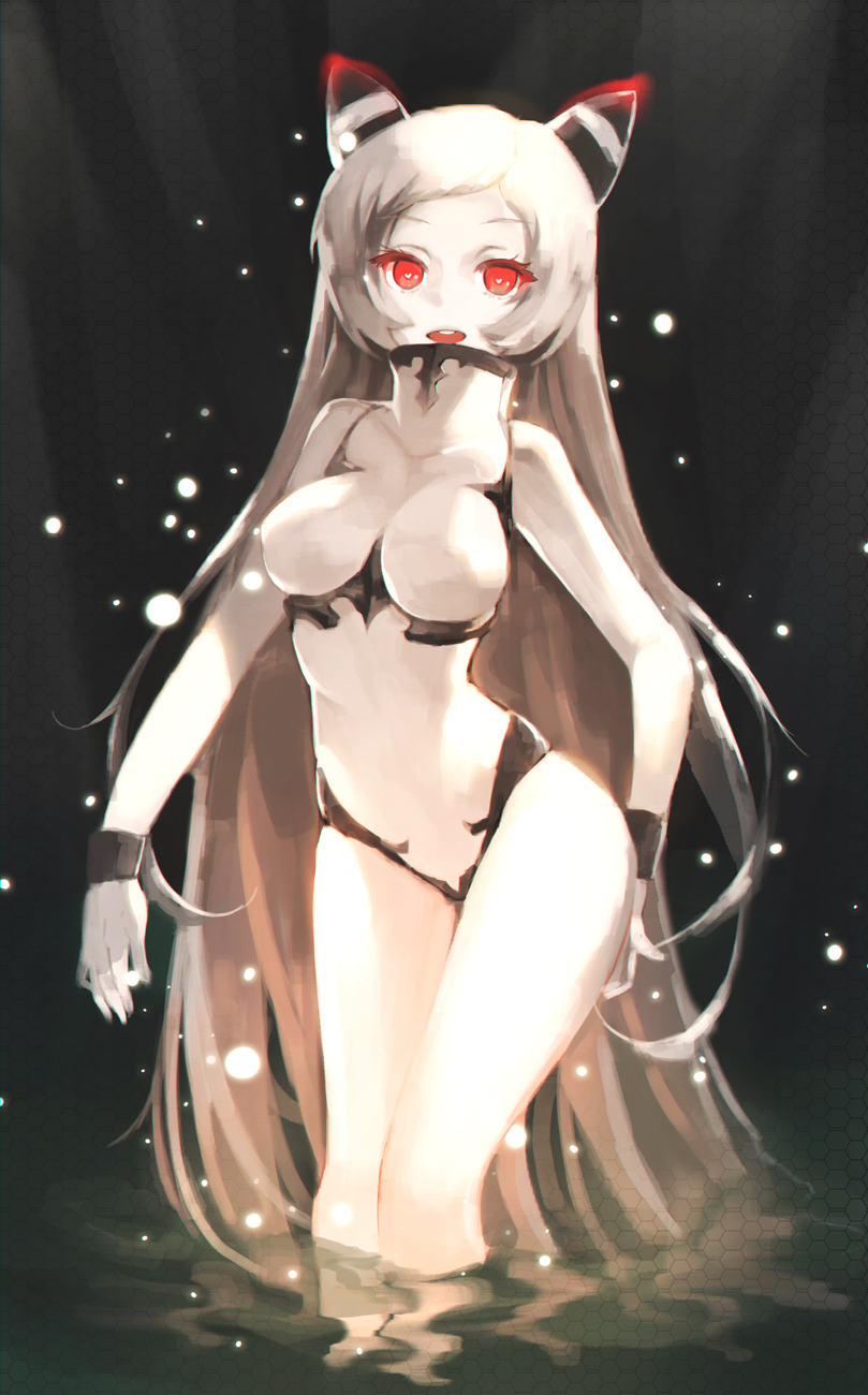 1girl airfield_hime breasts heart heart-shaped_pupils highres hips horns kantai_collection long_hair mukka open_mouth pale_skin red_eyes solo swimsuit symbol-shaped_pupils very_long_hair wading