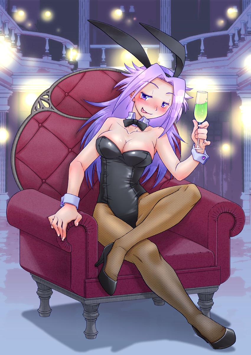 1girl animal_ears bowtie bunnysuit couch detached_collar drunk fishnet_pantyhose fishnets glass goblet highres jun'you_(kantai_collection) kantai_collection long_hair okapi_kingdom pantyhose purple_hair rabbit_ears sitting tongue tongue_out violet_eyes wrist_cuffs