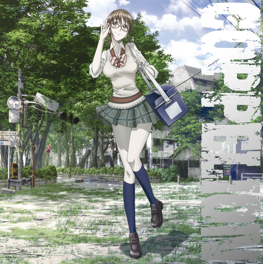 1girl adjusting_glasses bag blue_legwear bowtie brown_hair clouds cloudy_sky coppelion copyright_name glasses grass green_eyes green_skirt house ivy kneehighs loafers miniskirt nature nomura_taeko official_art outdoors overgrown pale_skin plaid plaid_skirt plant pleated_skirt power_lines red-framed_glasses road_sign ruins scenery school_uniform shoes short_ponytail shoulder_bag sign skirt sky sleeves_rolled_up solo standing_on_one_leg striped striped_bowtie sweater_vest traffic_light tree