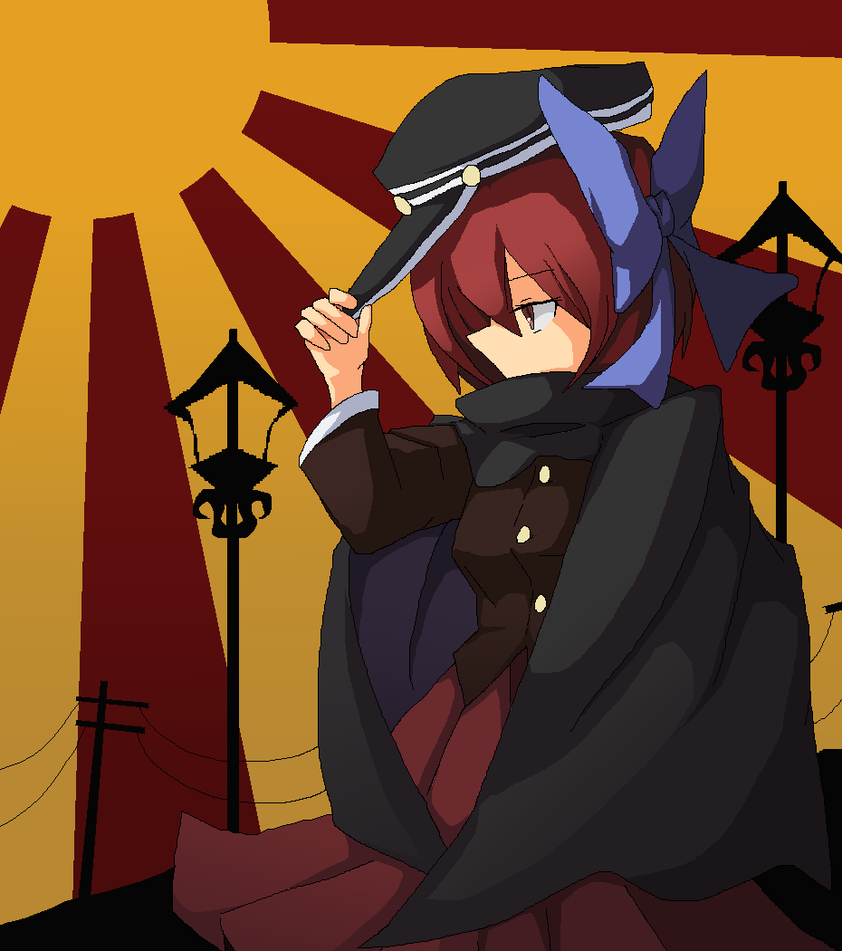 1girl adapted_costume adjusting_clothes adjusting_hat bow cabbie_hat cape hat high_collar lamppost large_bow long_skirt long_sleeves monochrome_background mspaint nagaresimasu pleated_skirt power_lines red_eyes redhead rising_sun sekibanki short_hair skirt solo touhou tunic