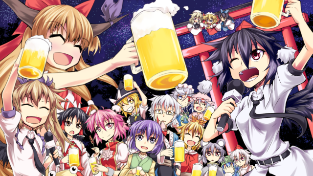 1boy 6+girls ahoge alcohol animal_ears ashiroku_(miracle_hinacle) bandages beer beer_mug black_hair blonde_hair blue_hair bow braid brown_hair bun_cover capelet chain chinese_clothes cuffs detached_sleeves double_bun dress drill_hair drunk fang flower foam giantess glasses hair_bow hair_flower hair_ornament hair_tubes hakurei_reimu hat hieda_no_akyuu himekaidou_hatate horn_ribbon horns ibaraki_kasen ibuki_suika inubashiri_momiji izayoi_sakuya japanese_clothes kappa kawashiro_nitori kimono kirisame_marisa long_hair luna_child maid maid_headdress microphone morichika_rinnosuke mouse_ears multicolored_hair multiple_girls nazrin necktie night night_sky one_eye_closed oni open_mouth orange_hair party pink_eyes pink_hair puffy_sleeves purple_hair red_eyes remilia_scarlet ribbon rose shameimaru_aya short_hair short_sleeves silver_hair skirt sky smile star_sapphire sunny_milk tagme tokin_hat toramaru_shou torii touhou tree twin_braids twintails two-tone_hair violet_eyes white_hair wings wink witch_hat wolf_ears yellow_eyes