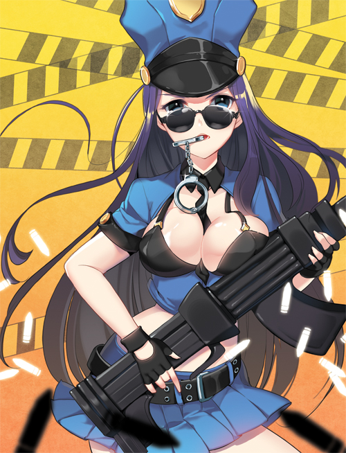 1girl belt black_hair blue_eyes blue_skirt breasts caitlyn_(league_of_legends) cuffs dakun gun hat holding_weapon large_breasts league_of_legends long_hair midriff mouth_hold open_mouth police police_hat police_uniform policewoman short_sleeves skirt solo sunglasses uniform weapon
