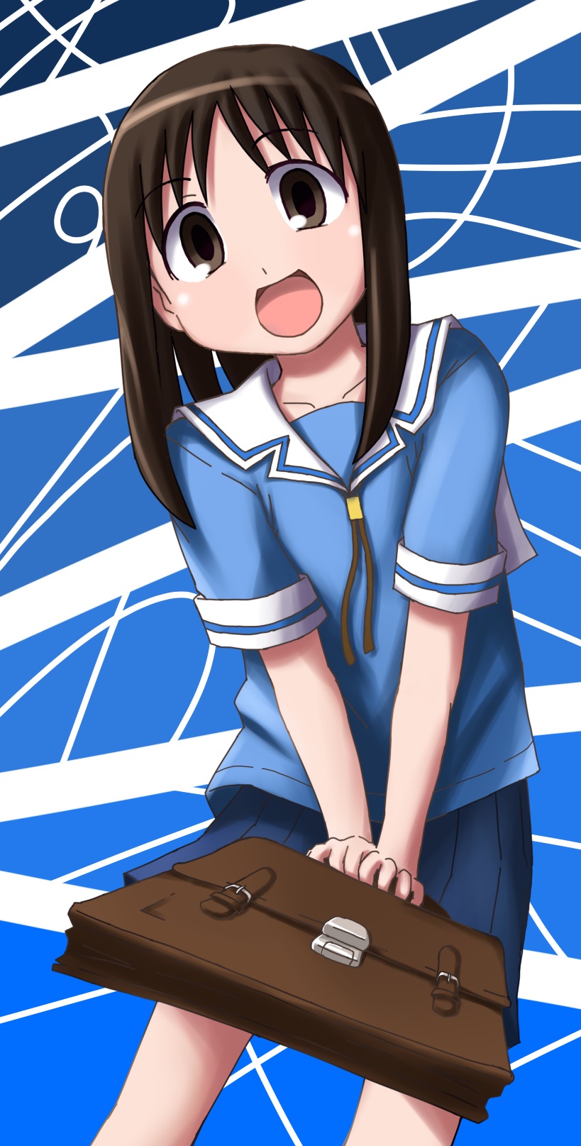 1girl azumanga_daioh bag brown_eyes brown_hair highres kasuga_ayumu looking_at_viewer morichan open_mouth pleated_skirt school_bag school_uniform skirt solo