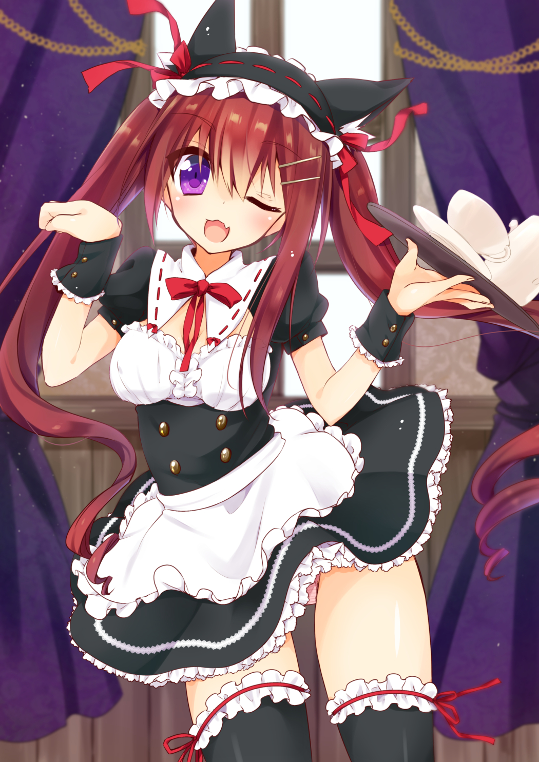 1girl animal_ears apron blush breasts brown_hair fang frills hairband highres long_hair looking_at_viewer mao_(alepricos) one_eye_closed open_mouth original panties paw_pose smile solo thigh-highs tray twintails underwear violet_eyes waitress wink