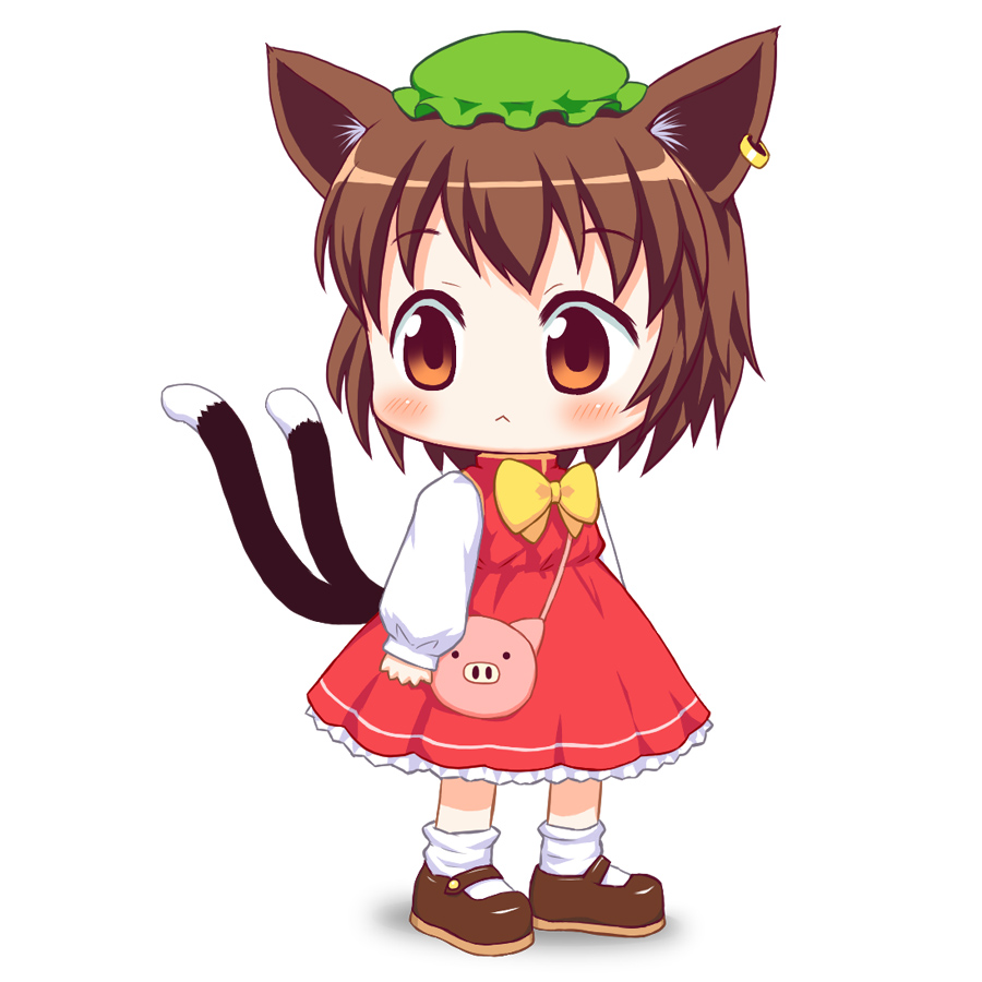 1girl :&lt; animal_ears bag bebelona bow brown_eyes brown_hair cat_ears cat_tail chen child dress ear_piercing jewelry long_sleeves mob_cap multiple_tails piercing red_dress shirt shoulder_bag simple_background single_earring solo tail touhou white_background younger