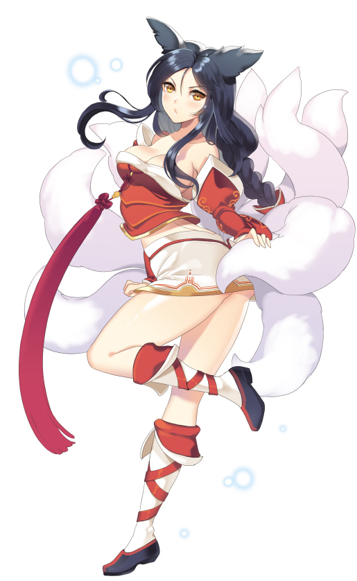 1girl ahri animal_ears black_hair blush braid breasts brown_eyes cleavage dakun detached_sleeves fox_ears fox_tail full_body japanese_clothes league_of_legends long_hair long_sleeves multiple_tails single_braid skirt solo tail white_background
