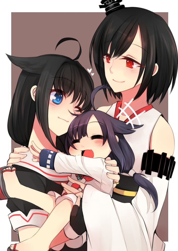 3girls ^_^ ahoge bare_shoulders black_hair blue_eyes blush child closed_eyes cover hair_ornament hinagi_(fox_priest) hug kantai_collection long_hair magatama multiple_girls one_eye_closed open_mouth red_eyes ryuuhou_(kantai_collection) sandals shigure_(kantai_collection) short_hair smile taigei_(kantai_collection) wink yamashiro_(kantai_collection) younger