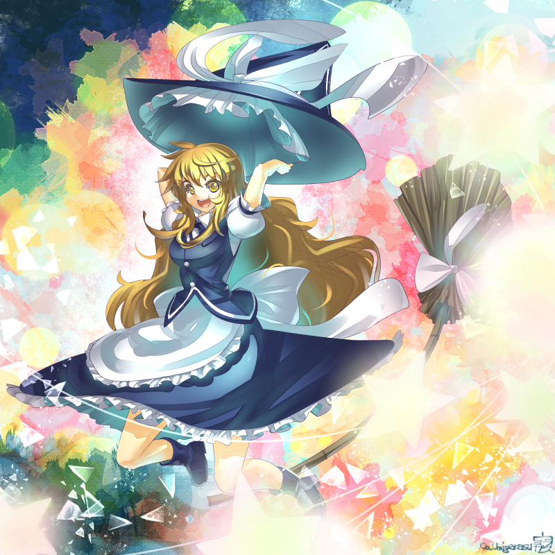 1girl apron arms_up blonde_hair bow broom hat hat_bow kirisame_marisa long_hair open_mouth puffy_short_sleeves puffy_sleeves shirt short_sleeves skirt skirt_set smile solo touhou umigarasu_(kitsune1963) very_long_hair vest waist_apron witch_hat yellow_eyes