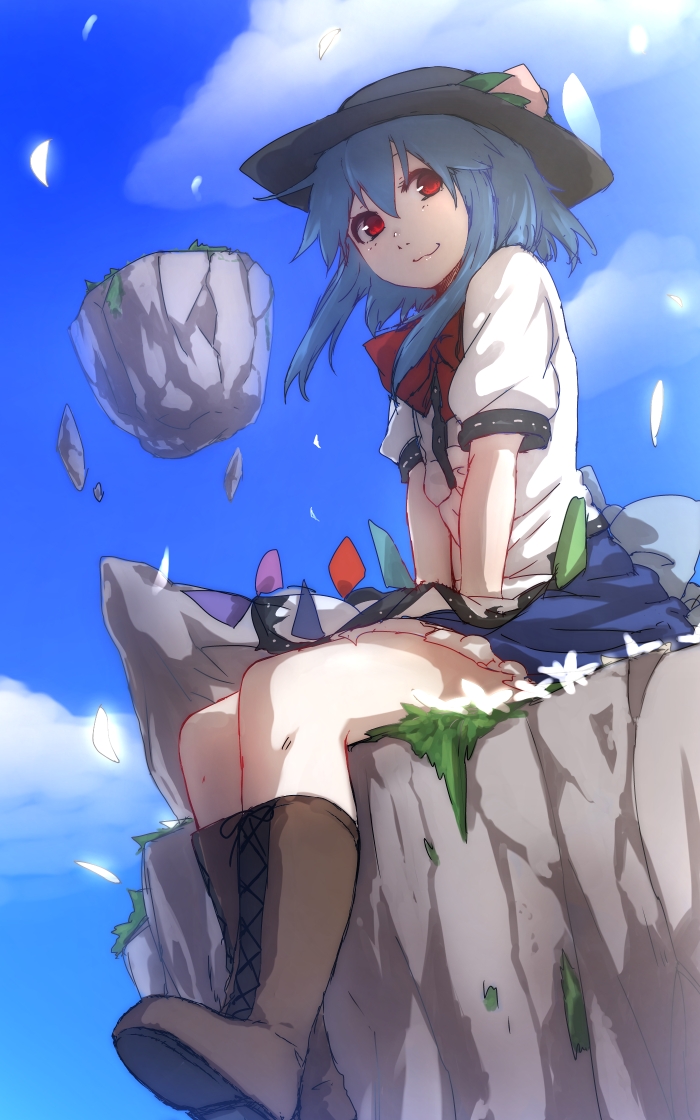 1girl :3 alternate_hairstyle between_legs blue_hair blue_skirt blue_sky boots clouds cross-laced_footwear floating_object food fruit hand_between_legs hat hinanawi_tenshi keystone lace-up_boots looking_at_viewer peach puffy_short_sleeves puffy_sleeves rainbow_order red_eyes ribbon short_hair short_sleeves sitting sitting_on_rock skirt sky smile solo terimayo touhou wavy_mouth white_blouse