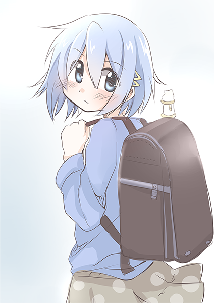 1girl backpack bag blue_eyes blue_hair hair_ornament hairclip instrument looking_back mahou_shoujo_madoka_magica miki_sayaka randoseru recorder short_hair skirt solo u_u_(mooooooou)