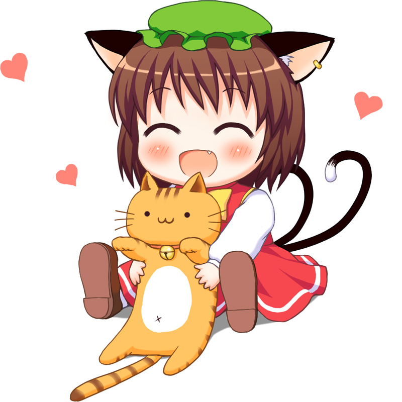 1girl :3 animal_ears bebelona bell bell_collar brown_hair cat cat_ears cat_tail chen child closed_eyes collar dress ear_piercing fang heart jewelry long_sleeves mob_cap multiple_tails open_mouth piercing red_dress shirt simple_background single_earring smile solo tail touhou white_background younger