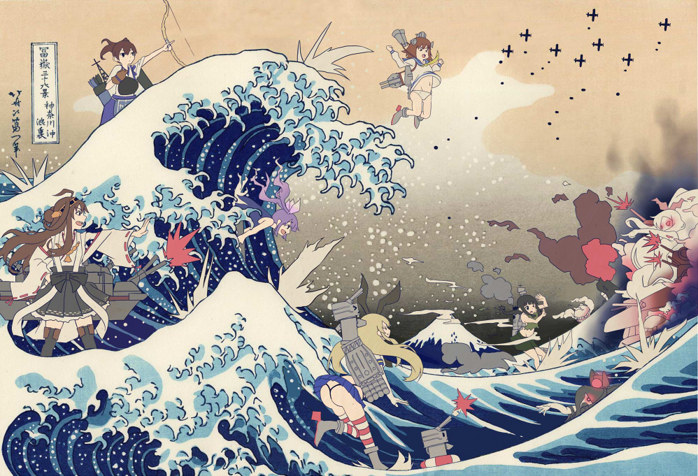 6+girls battle hashibuto i-19_(kantai_collection) kaga_(kantai_collection) kantai_collection kitakami_(kantai_collection) kongou_(kantai_collection) multiple_girls ocean parody shimakaze_(kantai_collection) tagme waves yukikaze_(kantai_collection)