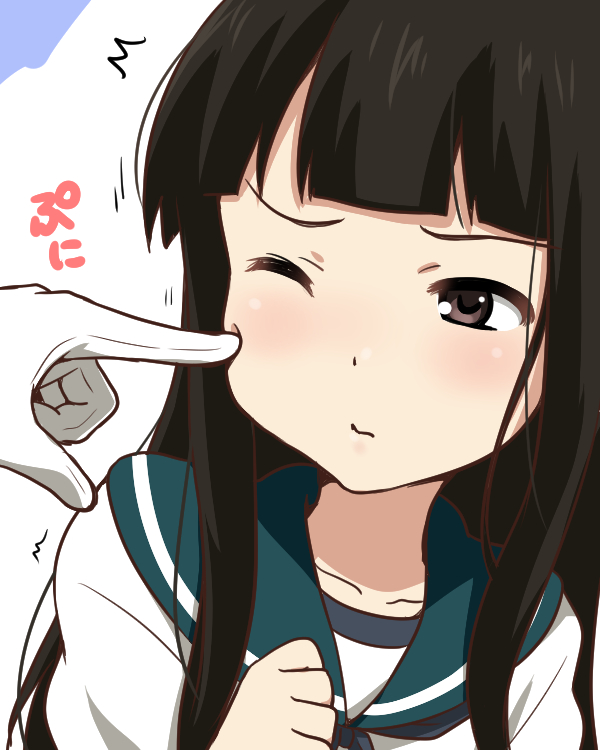 1girl blush cheek_poking hatsuyuki_(kantai_collection) ikari_manatsu kantai_collection long_hair one_eye_closed poking solo_focus