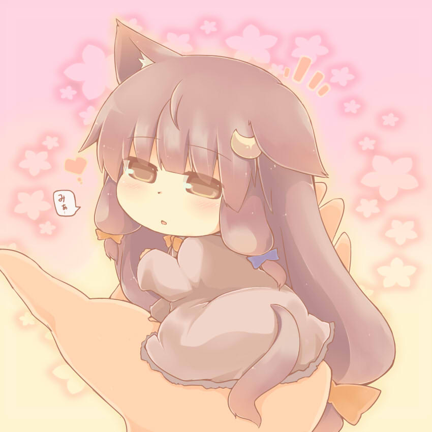 1girl animal_ears blush cat_ears cat_tail chibi crescent_hair_ornament dress hair_ornament hair_ribbon hazuki_ruu kemonomimi_mode long_hair minigirl patchouli_knowledge pov_hands purple_hair ribbon tail touhou translated tress_ribbon very_long_hair violet_eyes