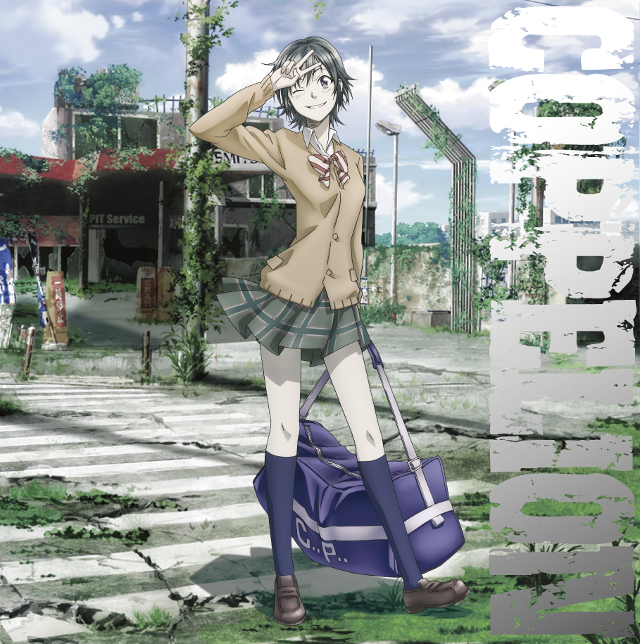 1girl bag black_shoes blue_eyes blue_legwear bowtie broken_glass broken_window cardigan clouds cloudy_sky coppelion copyright_name crosswalk fukasaku_aoi gas_station glass grass green_hair green_skirt house ivy kneehighs loafers looking_at_viewer miniskirt nature official_art one_eye_closed outdoors overgrown pale_skin plaid plaid_skirt plant pleated_skirt power_lines ruins scenery school_uniform shoes short_hair shoulder_bag skirt sky smile solo striped striped_bowtie traffic_light v wink