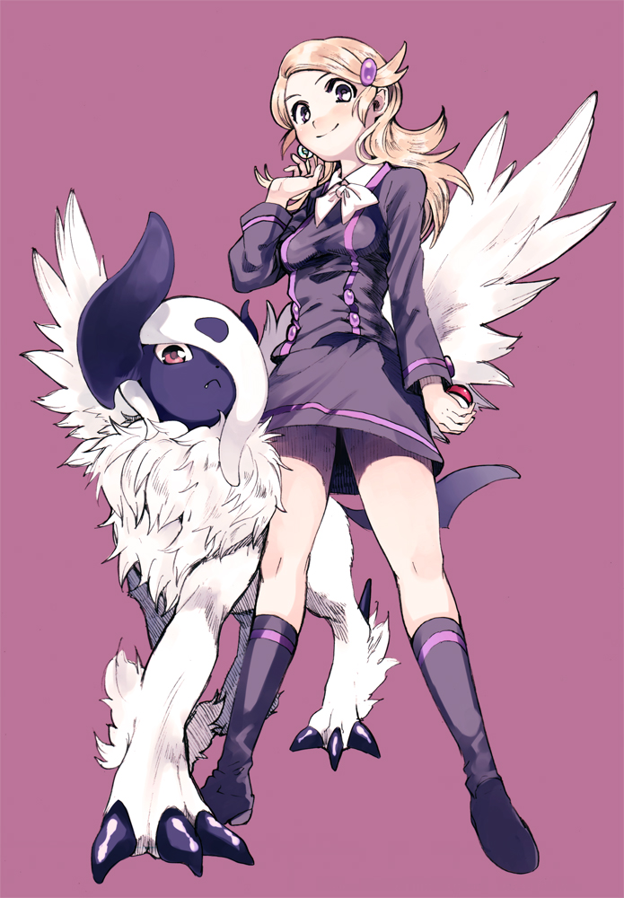 1girl absol ace_trainer_(pokemon) amezawa_koma blonde_hair hair_ornament hairclip mega_absol mega_pokemon poke_ball pokemon pokemon_(creature) pokemon_(game) pokemon_xy ribbon skirt