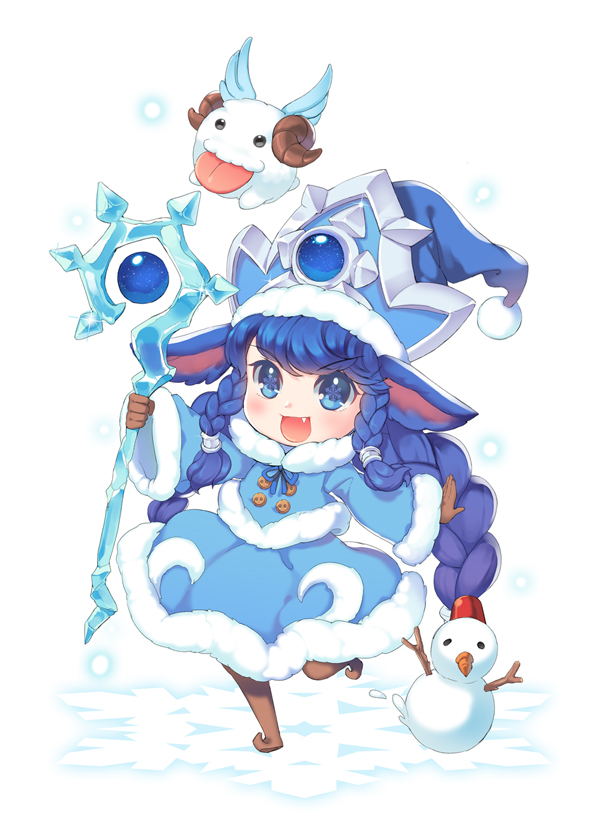 1girl animal_ears blue_dress blue_eyes blue_hair blush boots braid brown_gloves dakun dress fang full_body gloves hat league_of_legends long_hair long_sleeves lulu_(league_of_legends) open_mouth poro_(league_of_legends) smile snowman solo staff symbol-shaped_pupils white_background winter_clothes