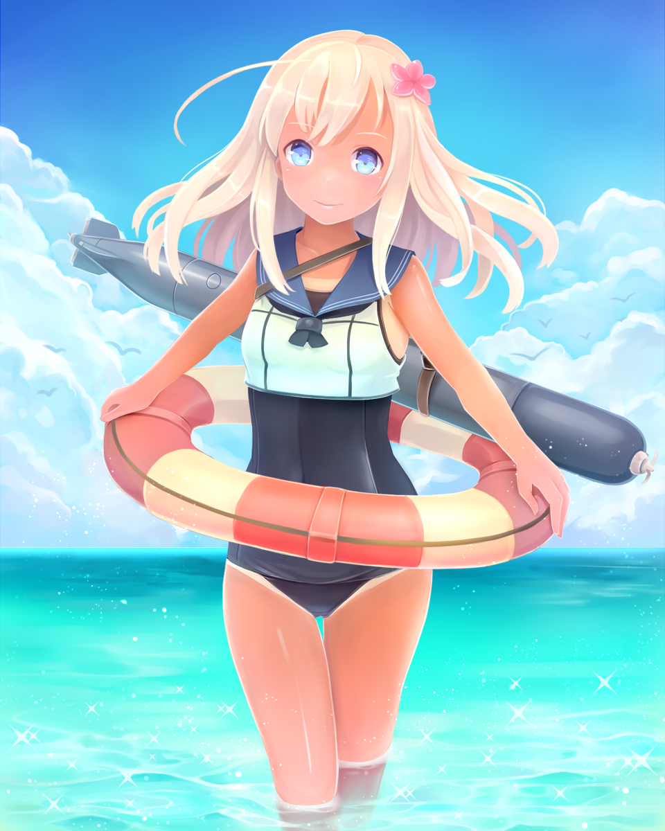 1girl blonde_hair blue_eyes crop_top flower hair_flower hair_ornament highres kantai_collection lifebuoy long_hair nomio ro-500_(kantai_collection) sailor_collar school_swimsuit swimsuit swimsuit_under_clothes tan tanline torpedo wading water