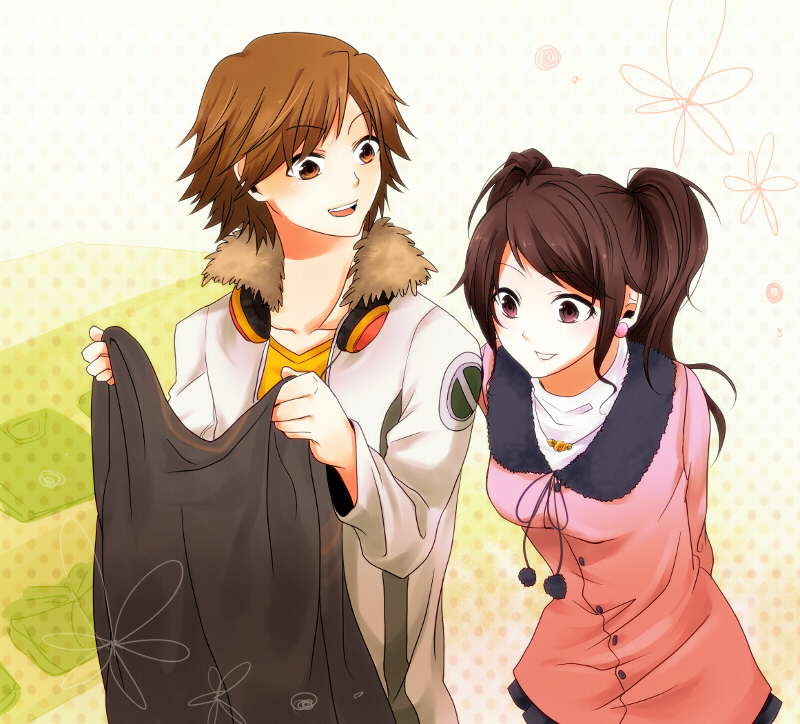 1boy 1girl arms_behind_back brown_eyes brown_hair coat earrings flower_(symbol) fur_trim hanamura_yousuke headphones headphones_around_neck holding_clothes jacket jewelry kujikawa_rise long_hair necklace open_mouth persona persona_4 pink_eyes polka_dot polka_dot_background shopping smile twintails