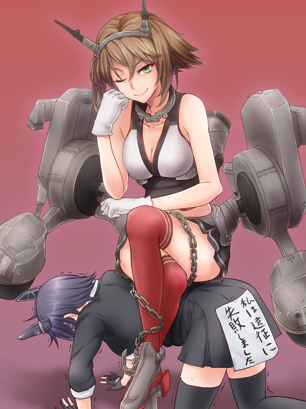 2girls all_fours anti_(untea9) arm arm_support bare_shoulders blush breasts brown_hair chain crossed_legs gloves green_eyes headgear kantai_collection multiple_girls mutsu_(kantai_collection) one_eye_closed orz personification purple_hair school_uniform short_hair sitting sitting_on_person skirt smile tenryuu_(kantai_collection) thigh-highs translation_request wink