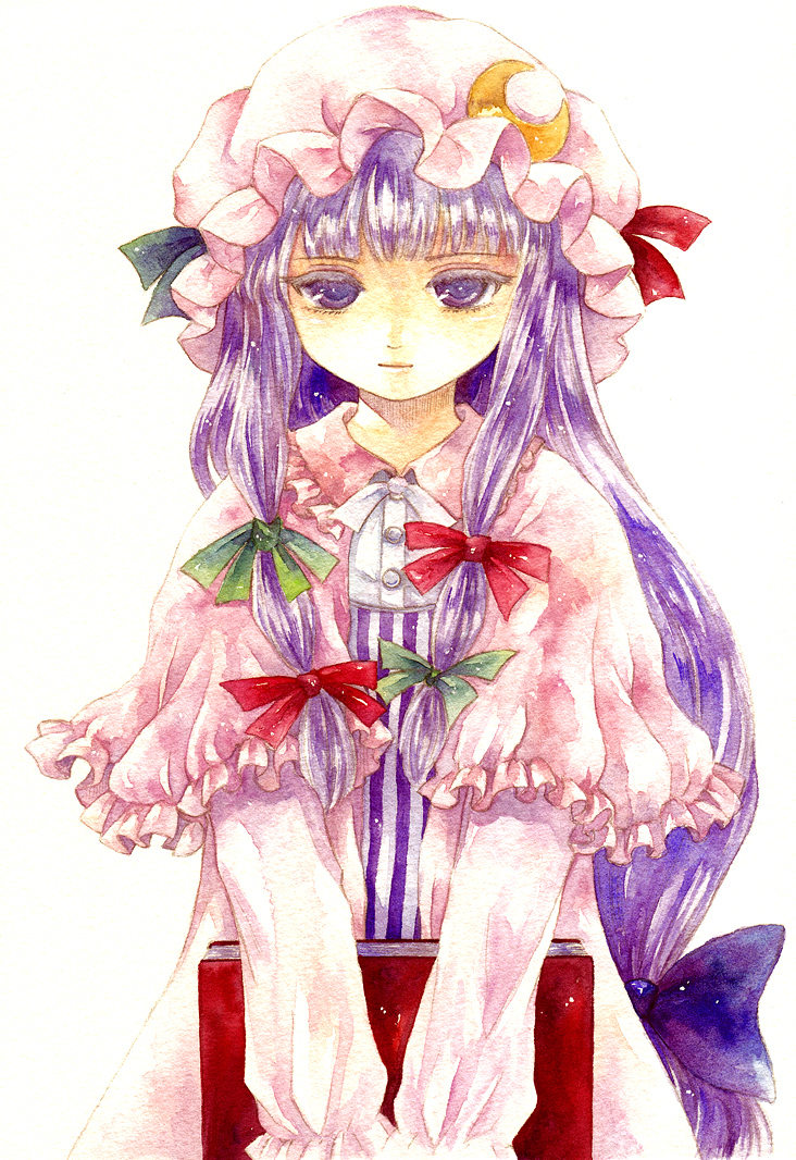 1girl book bow capelet hair_bow hat long_hair patchouli_knowledge purple_hair shiroma_(mamiko) solo touhou traditional_media very_long_hair violet_eyes watercolor_(medium) white_background