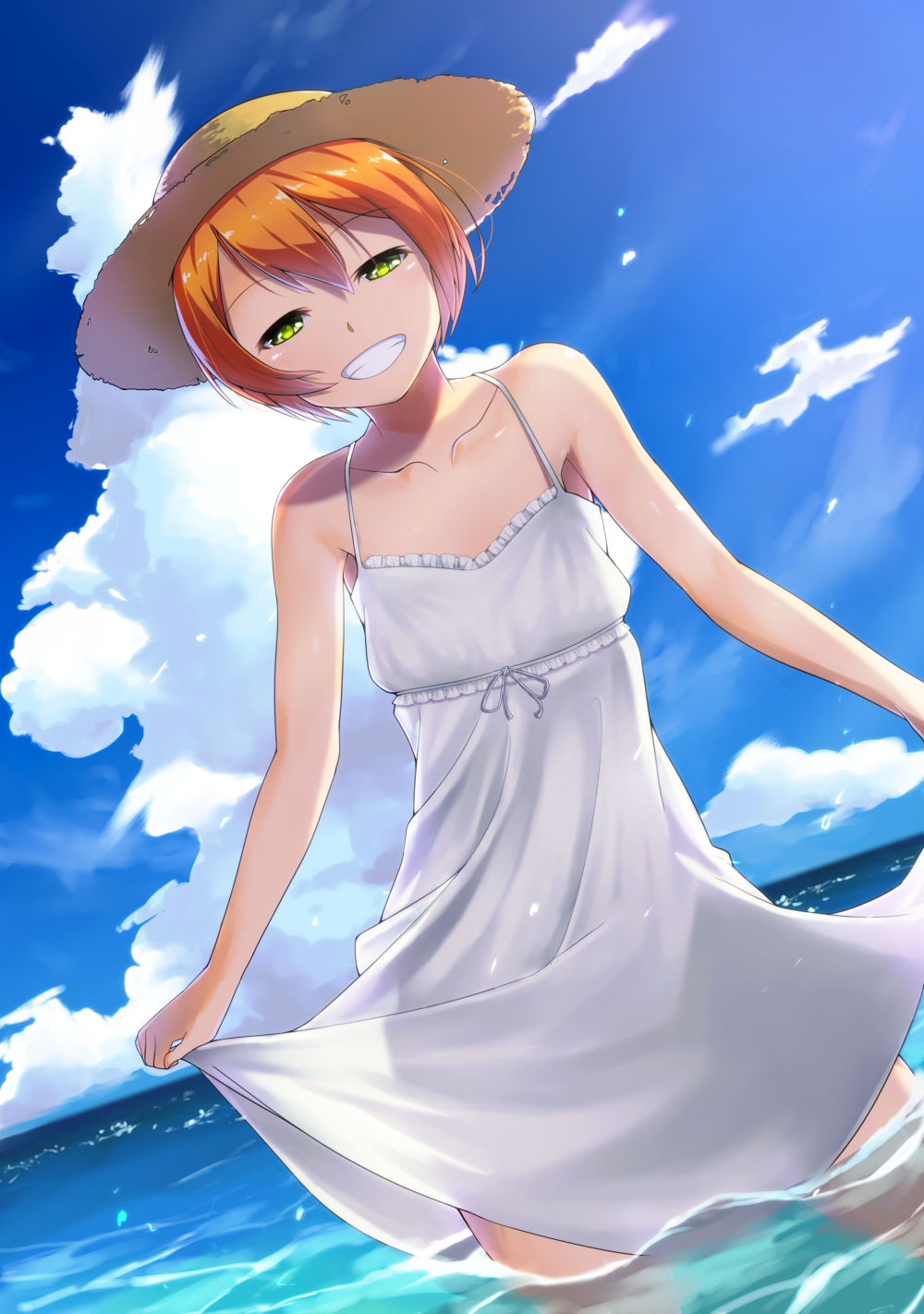 1girl bare_shoulders clenched_teeth dress green_eyes hat highres hoshizora_rin looking_at_viewer love_live!_school_idol_project ocean orange_hair partially_submerged short_hair smile solo straw_hat tagme white_dress yamaori