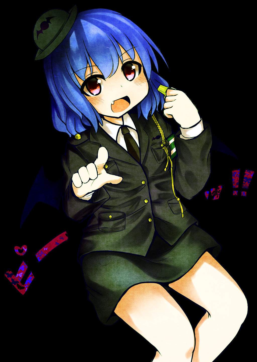 1girl alternate_costume bat_wings black_background blue_hair derivative_work fang hat highres looking_at_viewer necktie nyt_(nagane) open_mouth pointing pointing_at_viewer police police_hat police_uniform policewoman red_eyes rinne_(kouheiramia) short_hair simple_background skirt skirt_set solo touhou uniform whistle wings