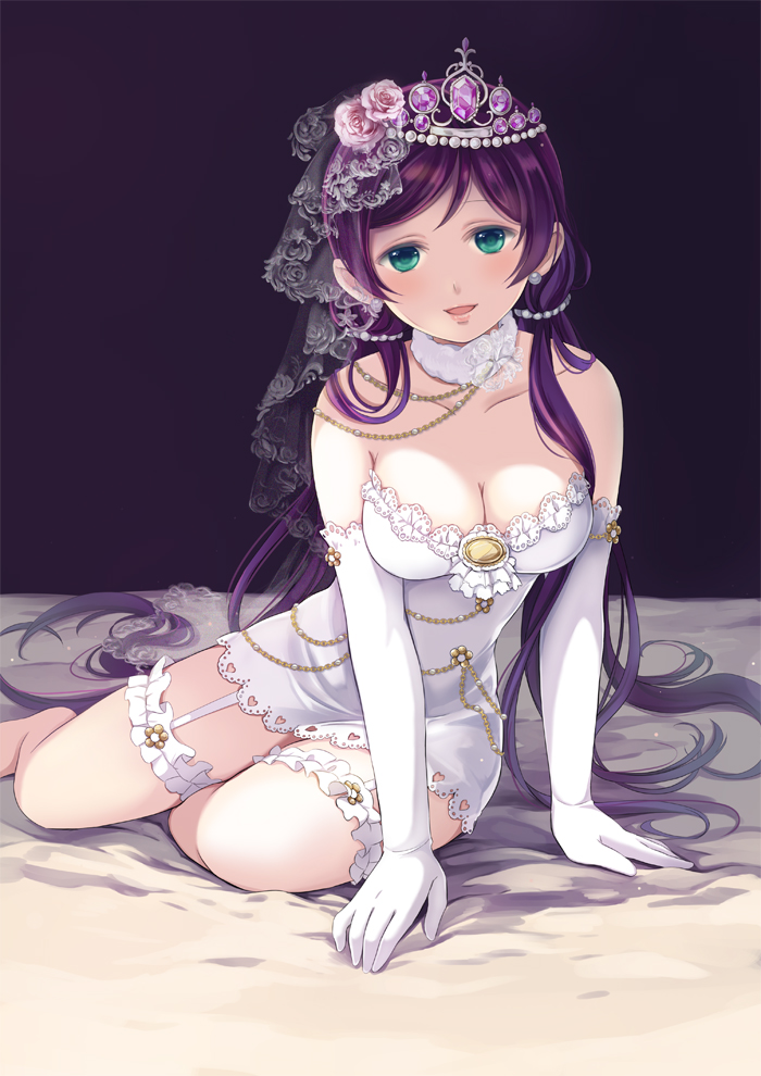 1girl :d aqua_eyes arm_support bangs bare_shoulders blush breasts brooch cleavage collarbone detached_collar dress flower frills garter_straps gem gloves hair_beads hair_flower hair_ornament hair_over_shoulder jewelry kamui_(kamuikaoru) lace-trimmed_dress lace-trimmed_gloves long_hair looking_at_viewer love_live!_school_idol_project low_twintails on_bed open_mouth pearl pearl_earrings pink_flower pink_lips pink_rose purple_hair rose rose_print see-through shade short_dress sitting smile solo strapless strapless_dress swept_bangs tiara toujou_nozomi twintails veil very_long_hair wedding_dress white_dress white_gloves