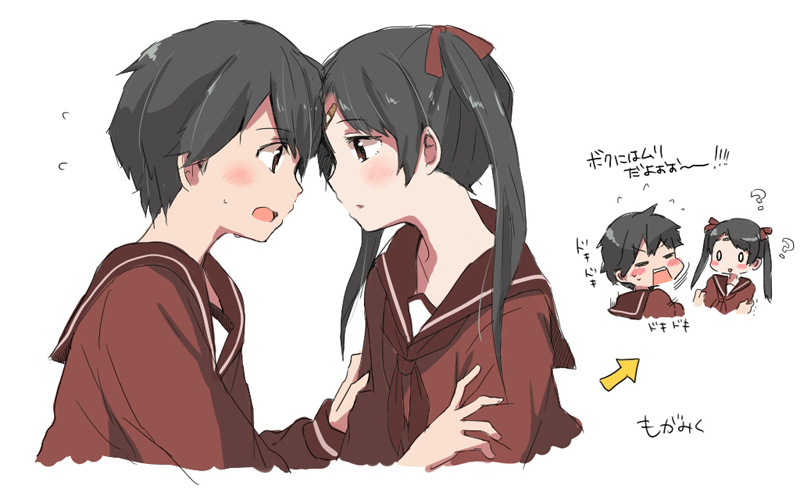 2girls ? bandages black_hair blush blush_stickers brown_eyes bust closed_eyes directional_arrow eye_contact forehead-to-forehead gumichoco hand_on_another's_arms kantai_collection looking_at_another mikuma_(kantai_collection) mogami_(kantai_collection) multiple_girls o_o open_mouth profile sailor siblings sisters twintails