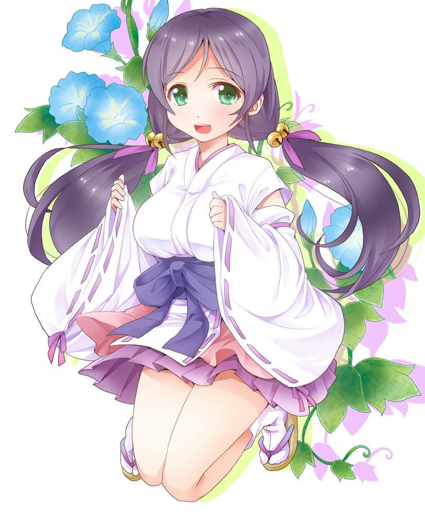 1girl breasts flower green_eyes japanese_clothes long_hair love_live!_school_idol_project miko purple_hair ratryu smile solo toujou_nozomi twintails