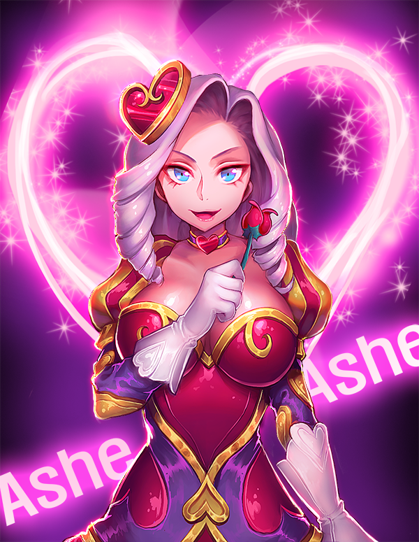 ashe_(league_of_legends) blue_eyes breasts choker flower geronimo01 gloves hair_ornament heart league_of_legends open_mouth puffy_sleeves purple_hair ringlets smile