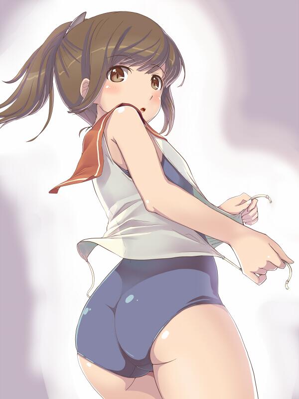 1girl ass bare_shoulders blush brown_eyes brown_hair hair_ornament hi-ho- i-401_(kantai_collection) jpeg_artifacts kantai_collection looking_at_viewer one-piece_swimsuit open_mouth personification ponytail sailor_collar school_swimsuit school_uniform short_hair short_ponytail solo swimsuit