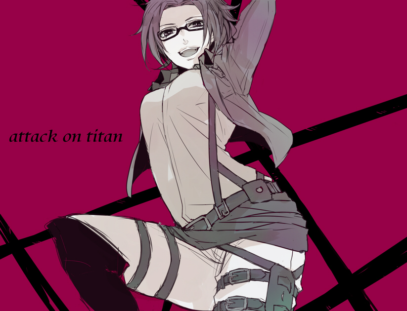 1girl arm_up arms_behind_back belt bk3 boots buckle english goggles hange_zoe jacket lines long_sleeves military military_uniform open_mouth pants pocket purple_background shingeki_no_kyojin shirt short_hair simple_background smile solo strap teeth text thigh_strap three-dimensional_maneuver_gear uniform