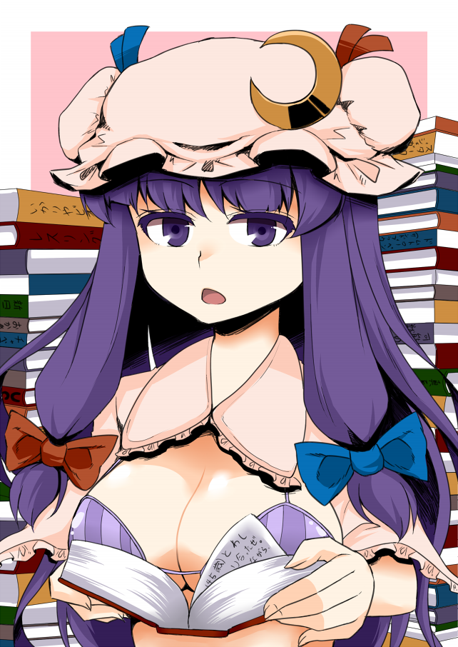 1girl book bow bra breasts breasts_outside crescent_hair_ornament hair_bow hair_ornament hat open_mouth patchouli_knowledge purple_hair solo striped striped_bra touhou underwear violet_eyes zetsumame