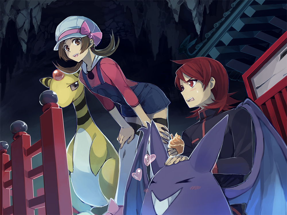 1girl ampharos blush bow brown_eyes brown_hair cabbie_hat cave crobat grin hat hat_bow hat_ribbon heart jacket kotone_(pokemon) leaning_forward obo overalls pokemon pokemon_(creature) pokemon_(game) pokemon_hgss raglan_sleeves red_eyes redhead ribbon silver_(pokemon) smile stalactite thigh-highs twintails white_legwear