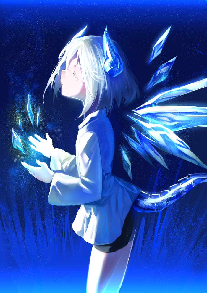 1boy blue_background closed_eyes dragon_boy dragon_horns dragon_tail erubo horns ice ice_wings monster_boy original short_hair tail trap white_hair wings yuran_(erubo)