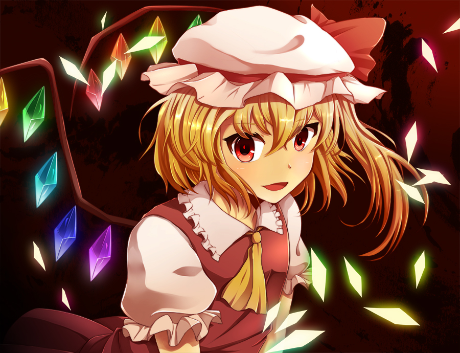 1girl ascot asymmetrical_hair blonde_hair bust flandre_scarlet hat hat_ribbon looking_at_viewer mob_cap momiya_(sigeminn) open_mouth puffy_short_sleeves puffy_sleeves red_eyes ribbon short_hair short_sleeves side_ponytail simple_background skirt skirt_set solo touhou wings