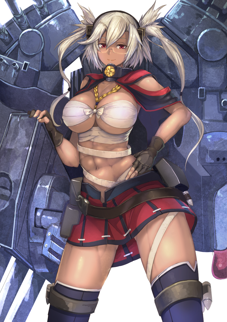 1girl abs blonde_hair breasts budget_sarashi dark_skin glasses gloves headgear highres kantai_collection koruse large_breasts long_hair looking_at_viewer musashi_(kantai_collection) personification red_eyes sarashi solo thigh-highs twintails