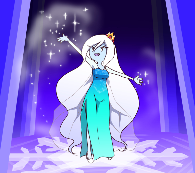 1girl adventure_time crown dress elsa_(frozen)_(cosplay) eyebrows frozen_(disney) ice_queen long_hair nollety solo white_hair