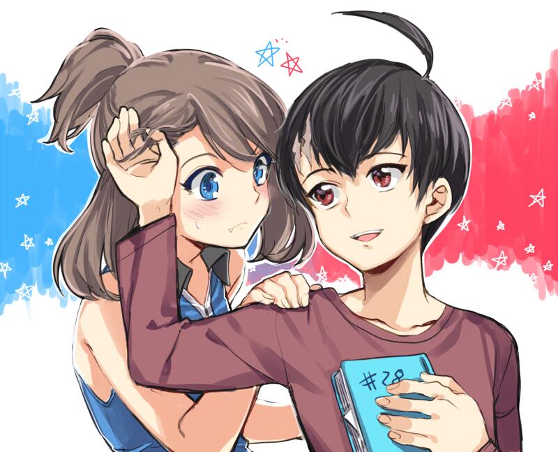 1boy 1girl ahoge black_hair blue_eyes blush book brown_hair eye_contact fang hand_in_hair hand_on_shoulder looking_at_another no_hat obo odamaki_sapphire pokemon pokemon_special red_eyes ruby_(pokemon) scar short_hair short_ponytail sleeveless spoilers
