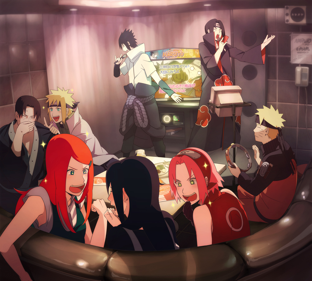 3girls 6+boys 7boys akatsuki akatsuki_(naruto) armbands arms bare_shoulders black_hair blonde_hair blush brothers casual covering_mouth eyebrows eyes_closed family father father_and_son females fingers fist flak_jacket forehead forehead_protector gloves green_eyes hairband hands haori haruno_sakura headband husband husband_and_wife instrument karaoke konohagakure_symbol long_hair males microphone mother mother_and_son multiple_boys multiple_girls namikaze_minato naruto naruto_shippuden naruto_shippuuden oba-min open_mouth pink_hair punch red_hair redhead senju_hashirama short_hair shoulders smile sparkle spiked_hair spiky_hair sweat table takashi_namikaze tambourine teeth television television_screen tongue tv uchiha_fugaku uchiha_itachi uchiha_madara uchiha_mikoto uchiha_sasuke uzumaki_kushina uzumaki_naruto wife