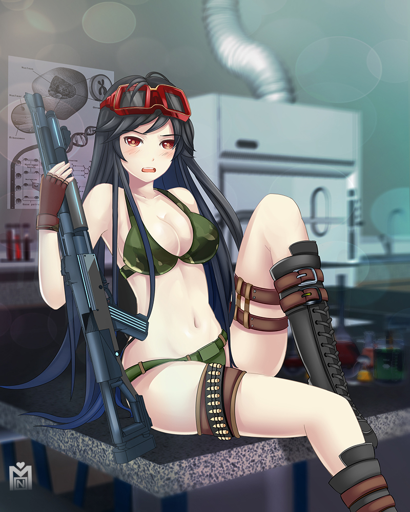 belt_buckle black_hair boots breasts camouflage cleavage cross-laced_footwear dna_strand fingerless_gloves gloves goggles gun knee_boots lace-up_boots shotgun table weapon