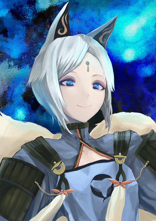 (my) androgynous animal_ears ayakashi_onmyouroku blue_background blue_eyes facial_mark forehead_mark fox_ears fox_tail multiple_tails pale_skin pipe_fox short_hair smile solo spaulders tail traditional_clothes white_hair
