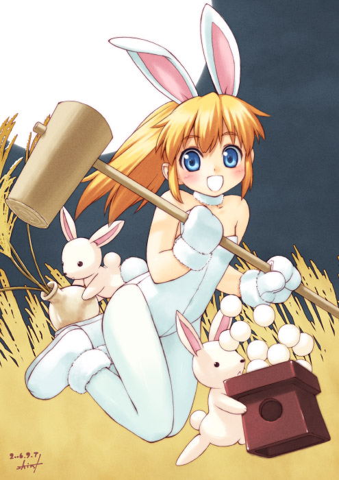 blonde_hair blue_eyes bunnysuit food gloves hammer long_hair mochi moon pantyhose pony_tail usagimimi