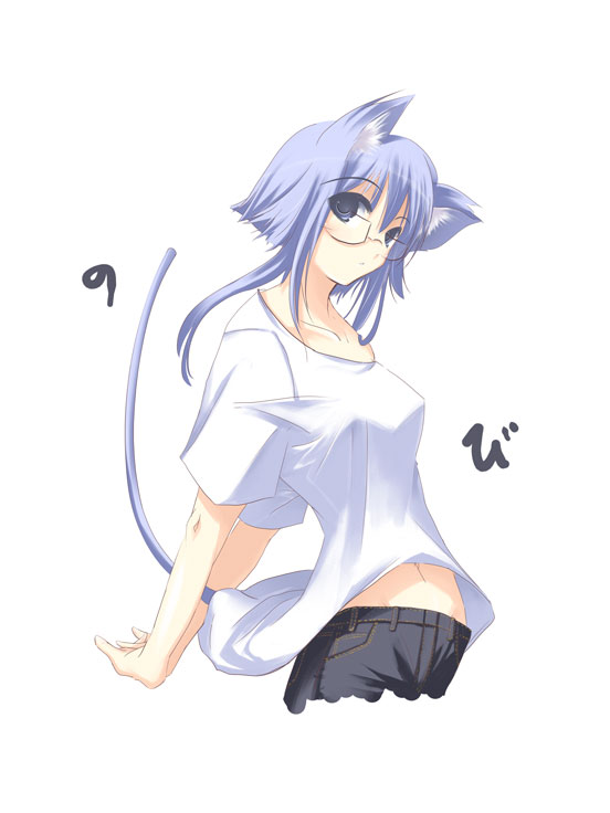 animal_ears blue_eyes blue_hair cat_ears glasses jeans nekomimi pants satomi short_hair